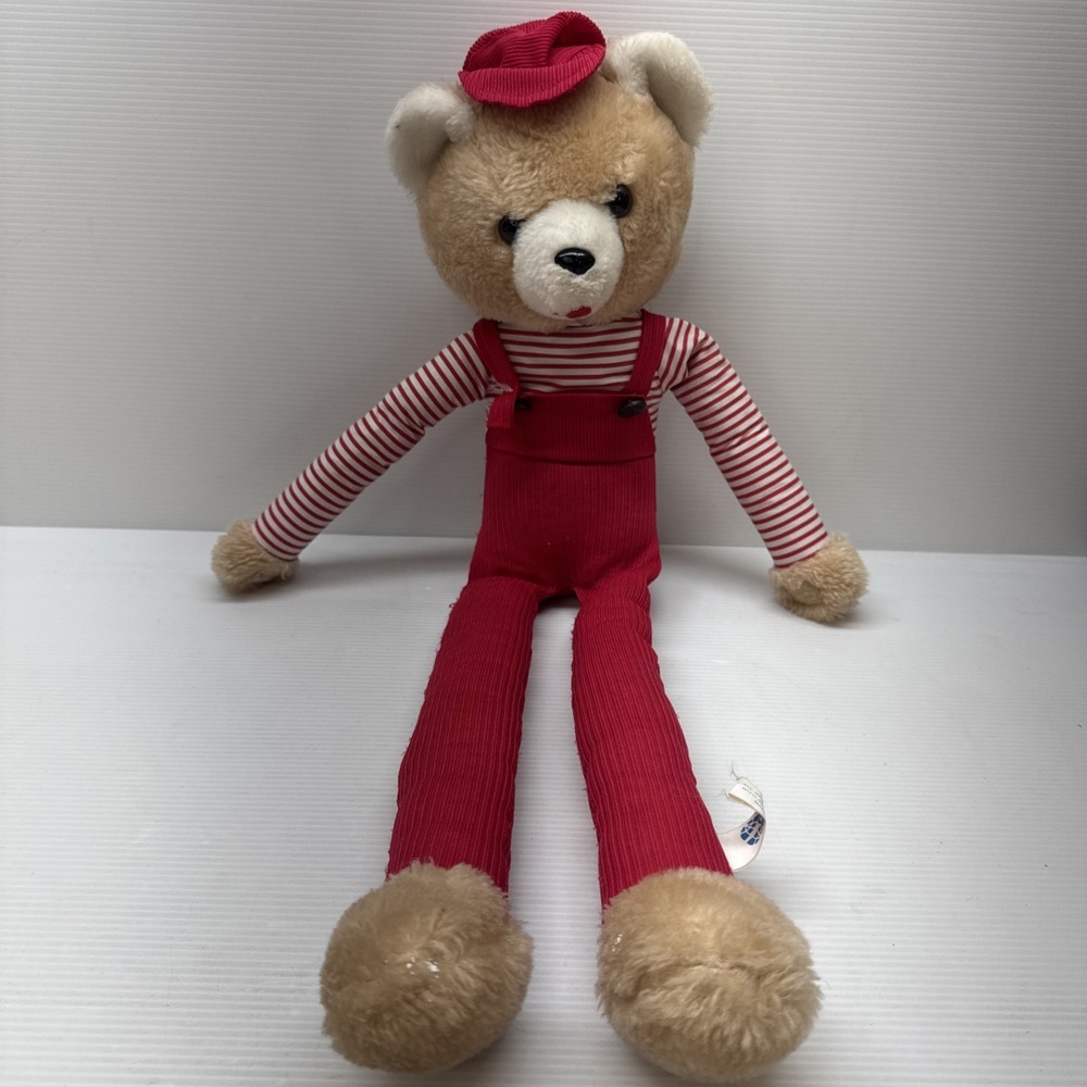 Vintage David Red Teddy Bear Knee Hugger 24" Plush Toy Red Overalls & Stripes